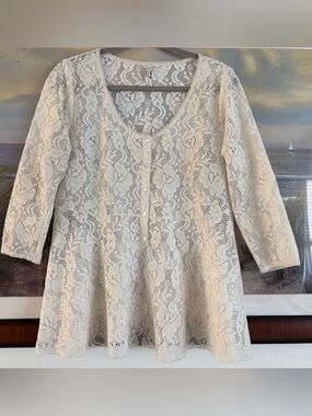 Free People Peplum Blouse Vintage White Lace Button Front Babydoll Victorian Lrg